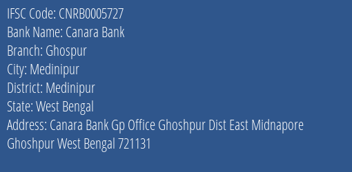 Canara Bank Ghospur Branch Medinipur IFSC Code CNRB0005727