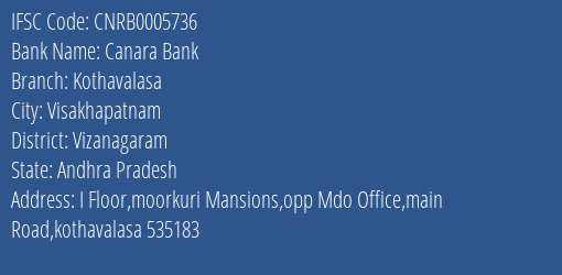 Canara Bank Kothavalasa Branch Vizanagaram IFSC Code CNRB0005736