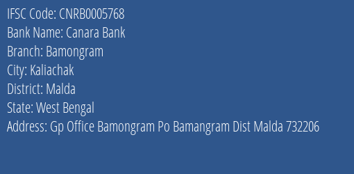 Canara Bank Bamongram Branch Malda IFSC Code CNRB0005768