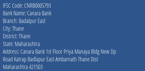 Canara Bank Badalpur East Branch Thane IFSC Code CNRB0005793