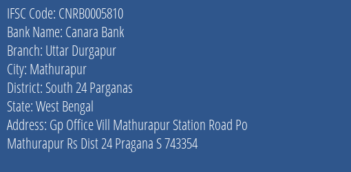 Canara Bank Uttar Durgapur Branch South 24 Parganas IFSC Code CNRB0005810