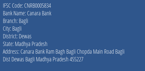 Canara Bank Bagli Branch Dewas IFSC Code CNRB0005834