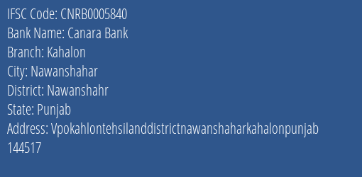 Canara Bank Kahalon Branch Nawanshahr IFSC Code CNRB0005840