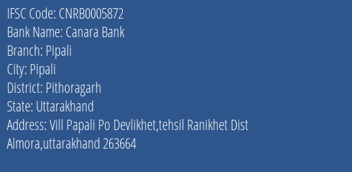 Canara Bank Pipali Branch Pithoragarh IFSC Code CNRB0005872