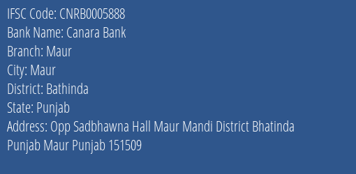 Canara Bank Maur Branch Bathinda IFSC Code CNRB0005888