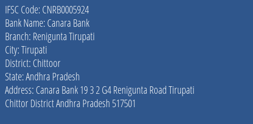 Canara Bank Renigunta Tirupati Branch Chittoor IFSC Code CNRB0005924