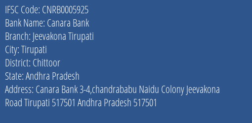 Canara Bank Jeevakona Tirupati Branch Chittoor IFSC Code CNRB0005925