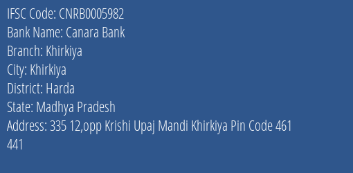 Canara Bank Khirkiya Branch Harda IFSC Code CNRB0005982