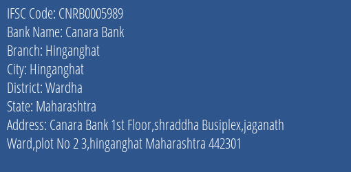 Canara Bank Hinganghat Branch Wardha IFSC Code CNRB0005989