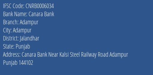 Canara Bank Adampur Branch Jalandhar IFSC Code CNRB0006034