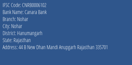 Canara Bank Nohar Branch Hanumangarh IFSC Code CNRB0006102