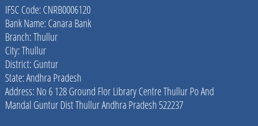 Canara Bank Thullur Branch Guntur IFSC Code CNRB0006120