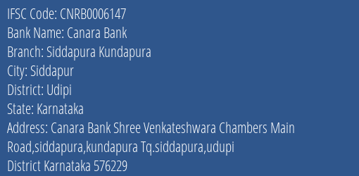 Canara Bank Siddapura Kundapura Branch Udipi IFSC Code CNRB0006147