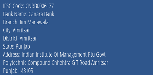 Canara Bank Iim Manawala Branch Amritsar IFSC Code CNRB0006177