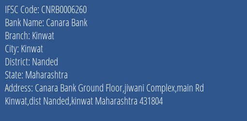 Canara Bank Kinwat Branch Nanded IFSC Code CNRB0006260