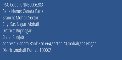 Canara Bank Mohali Sector Branch Rupnagar IFSC Code CNRB0006283