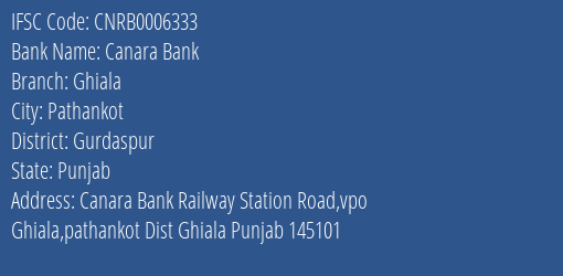 Canara Bank Ghiala Branch Gurdaspur IFSC Code CNRB0006333