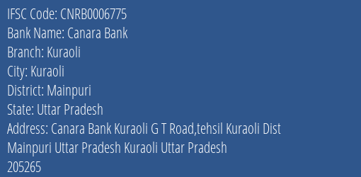 Canara Bank Kuraoli Branch Mainpuri IFSC Code CNRB0006775