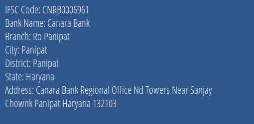 Canara Bank Ro Panipat Branch Panipat IFSC Code CNRB0006961