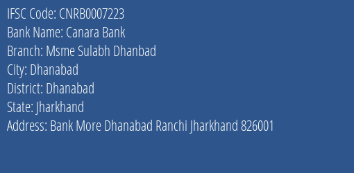 Canara Bank Msme Sulabh Dhanbad Branch Dhanabad IFSC Code CNRB0007223