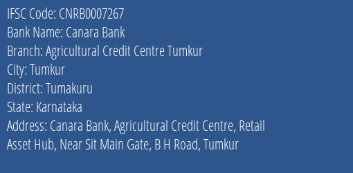 Canara Bank Agricultural Credit Centre Tumkur Branch Tumakuru IFSC Code CNRB0007267