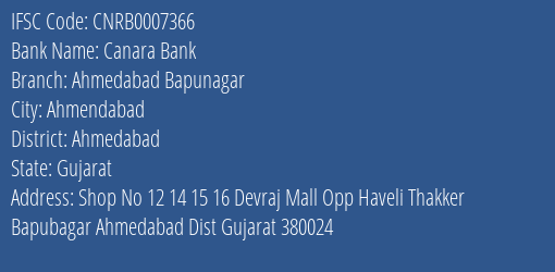 Canara Bank Ahmedabad Bapunagar Branch Ahmedabad IFSC Code CNRB0007366