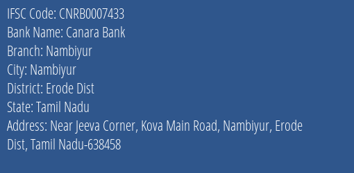 Canara Bank Nambiyur Branch Erode Dist IFSC Code CNRB0007433