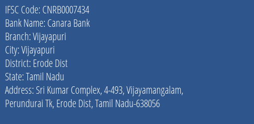 Canara Bank Vijayapuri Branch Erode Dist IFSC Code CNRB0007434
