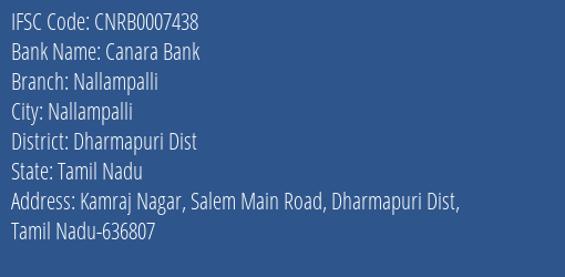 Canara Bank Nallampalli Branch Dharmapuri Dist IFSC Code CNRB0007438