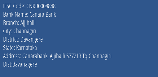 Canara Bank Ajjihalli Branch Davangere IFSC Code CNRB0008848