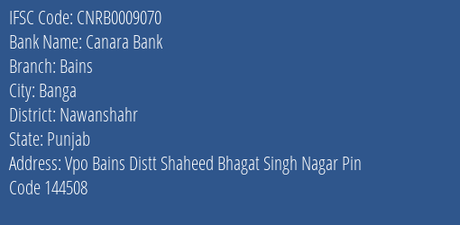Canara Bank Bains Branch Nawanshahr IFSC Code CNRB0009070