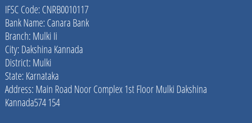 Canara Bank Mulki Ii Branch Mulki IFSC Code CNRB0010117