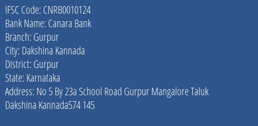 Canara Bank Gurpur Branch Gurpur IFSC Code CNRB0010124