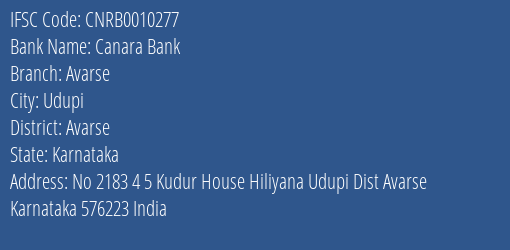 Canara Bank Avarse Branch Avarse IFSC Code CNRB0010277