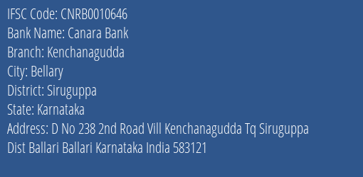 Canara Bank Kenchanagudda Branch Siruguppa IFSC Code CNRB0010646