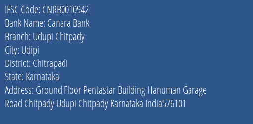 Canara Bank Udupi Chitpady Branch Chitrapadi IFSC Code CNRB0010942