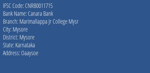 Canara Bank Marimallappa Jr College Mysr Branch Mysore IFSC Code CNRB0011715