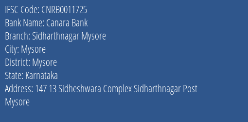 Canara Bank Sidharthnagar Mysore Branch Mysore IFSC Code CNRB0011725
