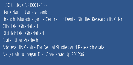 Canara Bank Muradnagar Its Centre For Dental Studies Research Its Cdsr Iii Branch Dist Ghaziabad IFSC Code CNRB0012435