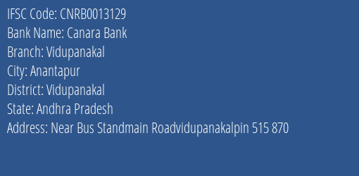 Canara Bank Vidupanakal Branch Vidupanakal IFSC Code CNRB0013129
