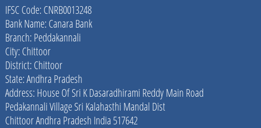 Canara Bank Peddakannali Branch Chittoor IFSC Code CNRB0013248