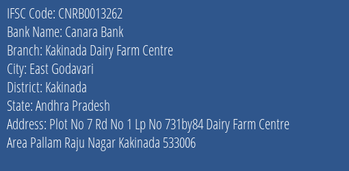 Canara Bank Kakinada Dairy Farm Centre Branch Kakinada IFSC Code CNRB0013262