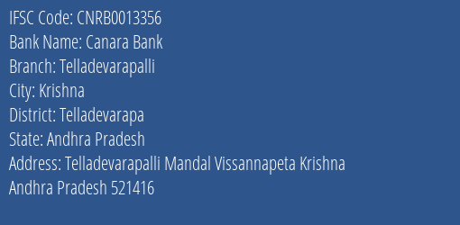 Canara Bank Telladevarapalli Branch Telladevarapa IFSC Code CNRB0013356