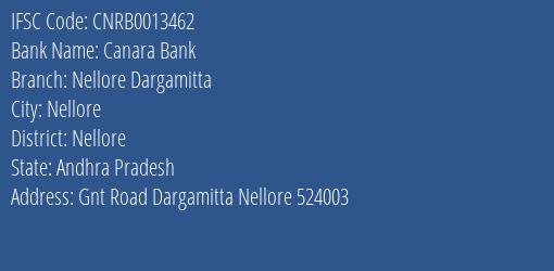 Canara Bank Nellore Dargamitta Branch Nellore IFSC Code CNRB0013462