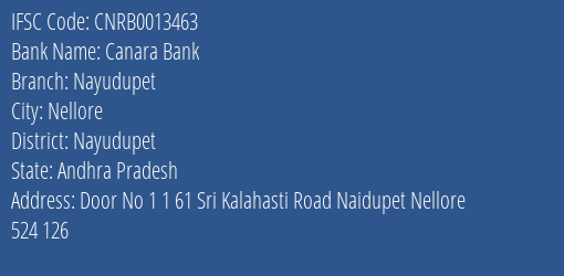 Canara Bank Nayudupet Branch Nayudupet IFSC Code CNRB0013463