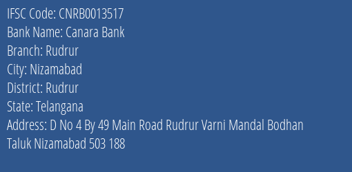 Canara Bank Rudrur Branch Rudrur IFSC Code CNRB0013517
