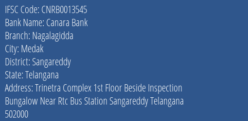 Canara Bank Nagalagidda Branch Sangareddy IFSC Code CNRB0013545