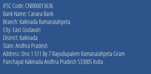 Canara Bank Kakinada Ramanaiahpeta Branch Kakinada IFSC Code CNRB0013636