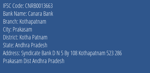Canara Bank Kothapatnam Branch Kotha Patnam IFSC Code CNRB0013663