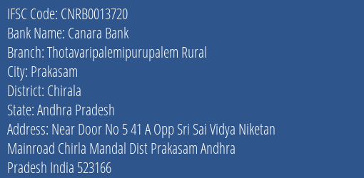 Canara Bank Thotavaripalemipurupalem Rural Branch Chirala IFSC Code CNRB0013720